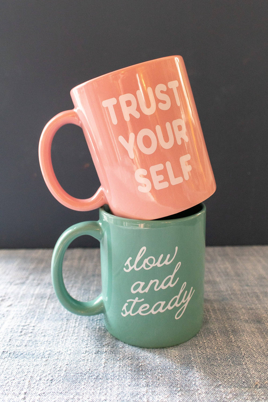 Green Ceramic Coffee Mug with Slow and Steady Phrase, 11oz
