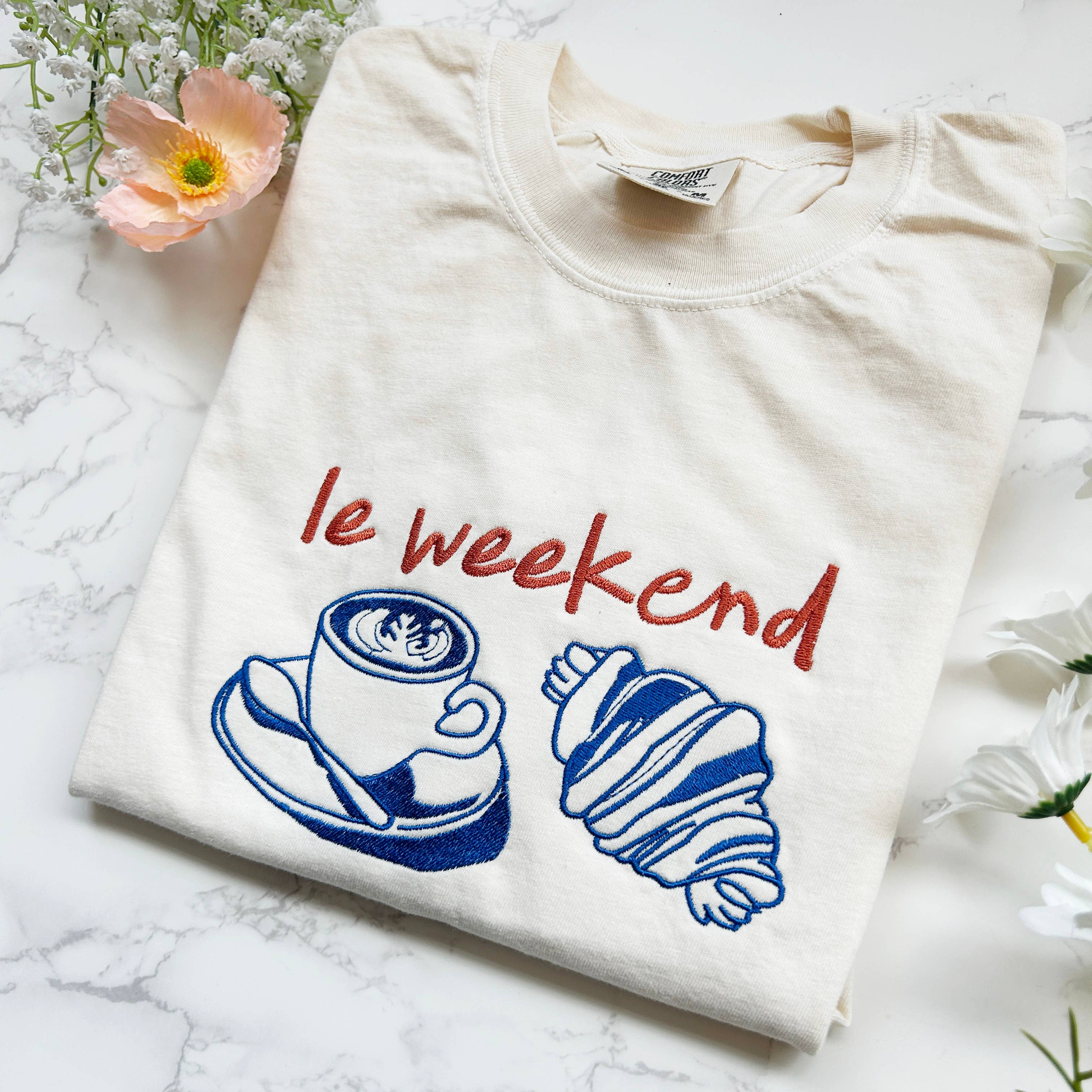 Embroidered Le Weekend French Coffee & Croissant Shirt