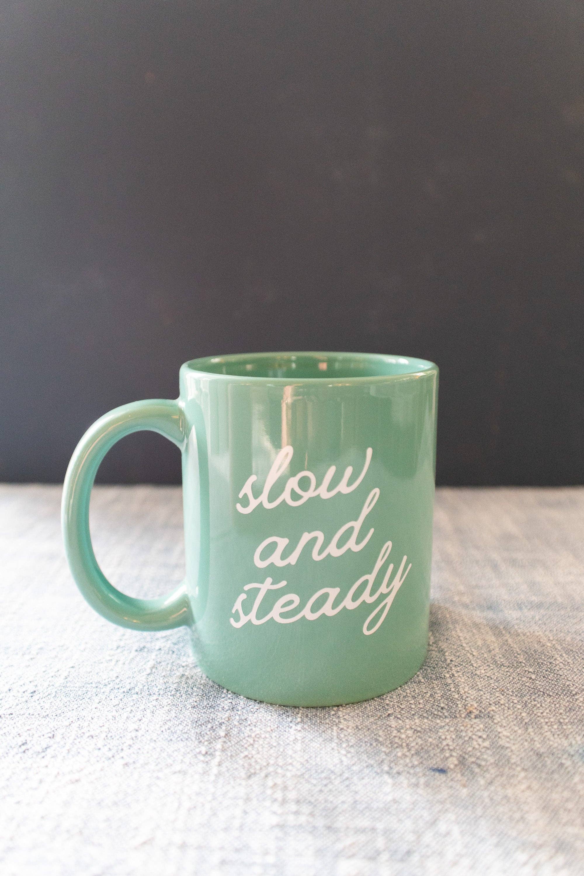 Green Ceramic Coffee Mug with Slow and Steady Phrase, 11oz
