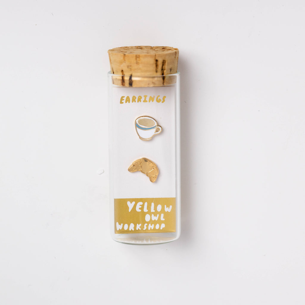 Croissant & Coffee Earrings - Gold Statement Studs