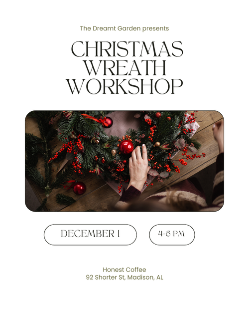 Christmas wreath workshop with text and a photo of hands working on a wreath. 