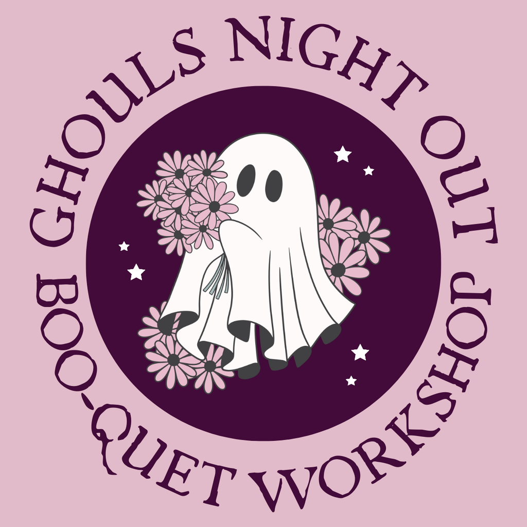 Ghost holding flowers with 'Ghouls Night Out Boo-quet Workshop' text on a pink background