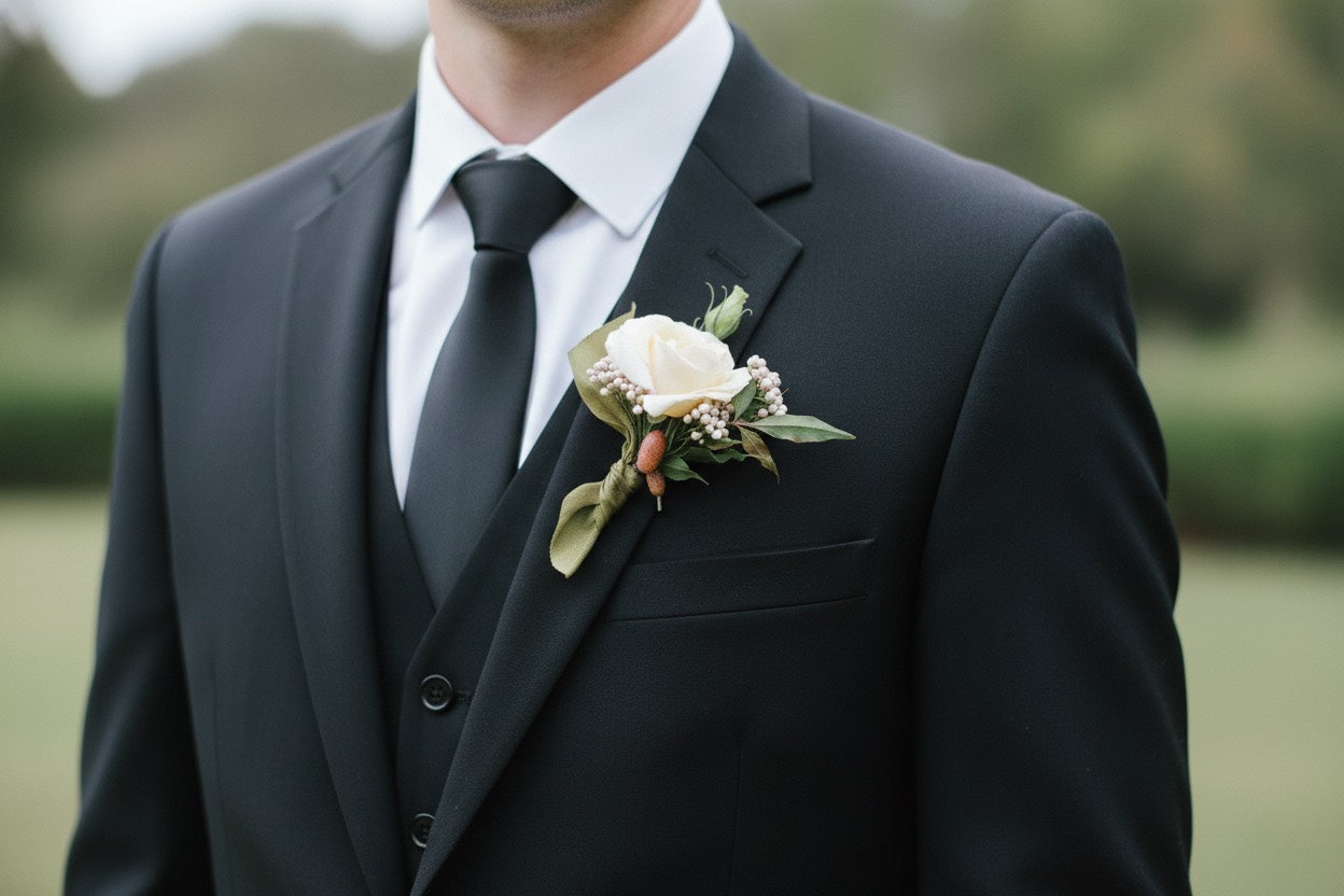 Young man wearing a black suit with a white flower boutonniere.  Designed by The Dreamt Garden for Prom, Homecoming, Formals, and other Dance Flowers in Madison Huntsville and Athens AL.