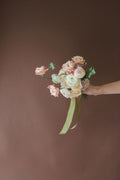 Modern style bridesmaid bouqet with ivy, and lisianthus, tied with silk ribbon from The Dreamt Garden, a modern whimsical flower shop in Madison AL.