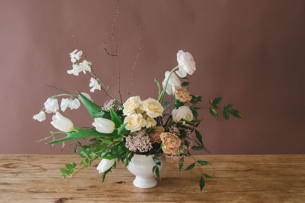 Medium whimsical floral arrangement with roses, tulips, carnations, and local greenery for a la Carte Wedding Flowers.  Designed by The Dreamt Garden, for customers in Madison Huntsville and Athens AL