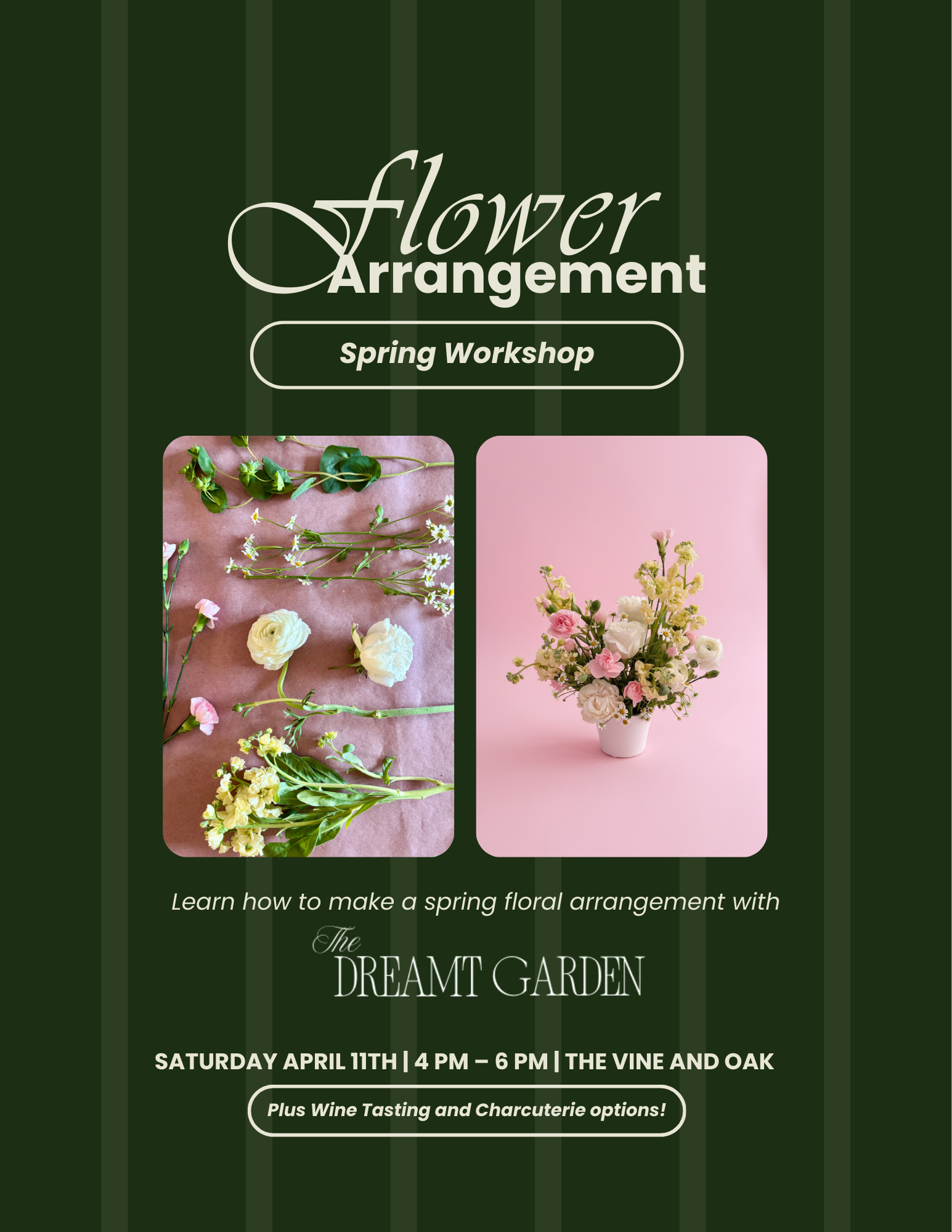 Flower arrangement workshop with images of flowers and text on a green background. Madison Alabama 