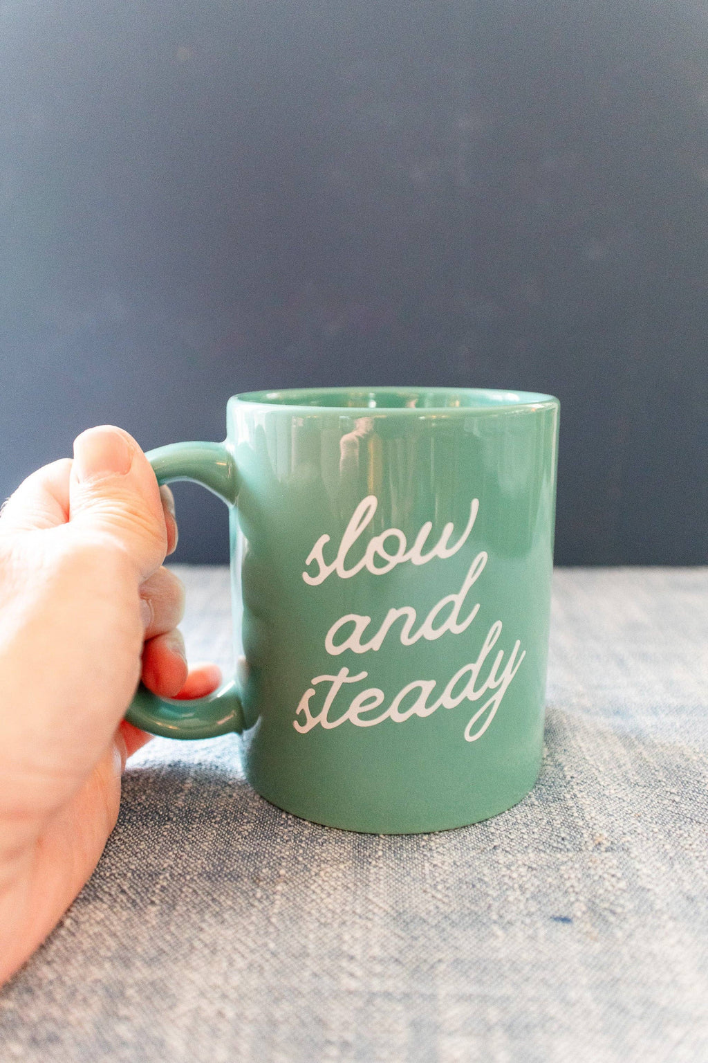 Green Ceramic Coffee Mug with Slow and Steady Phrase, 11oz