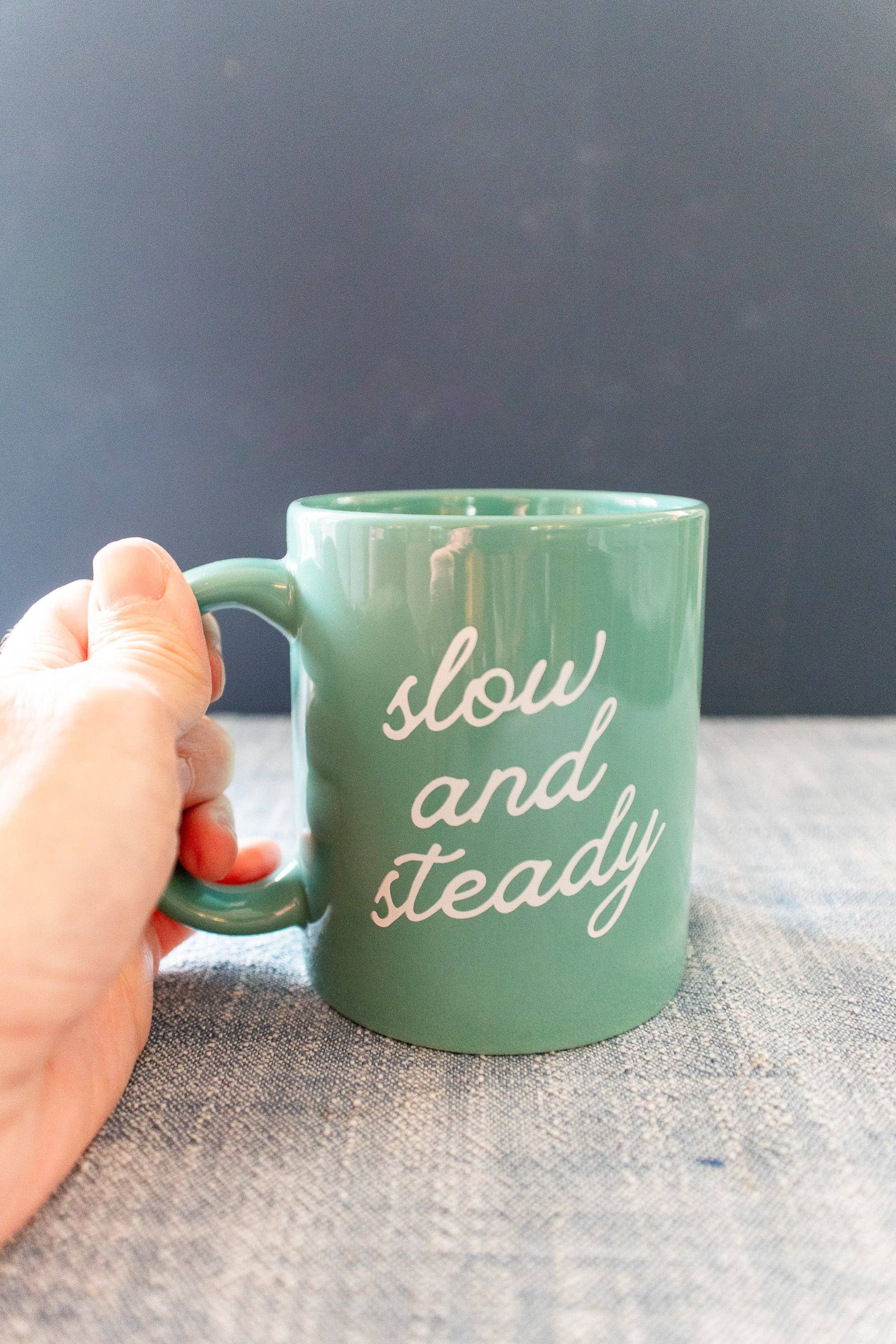 Green Ceramic Coffee Mug with Slow and Steady Phrase, 11oz