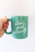 Green Ceramic Coffee Mug with Slow and Steady Phrase, 11oz