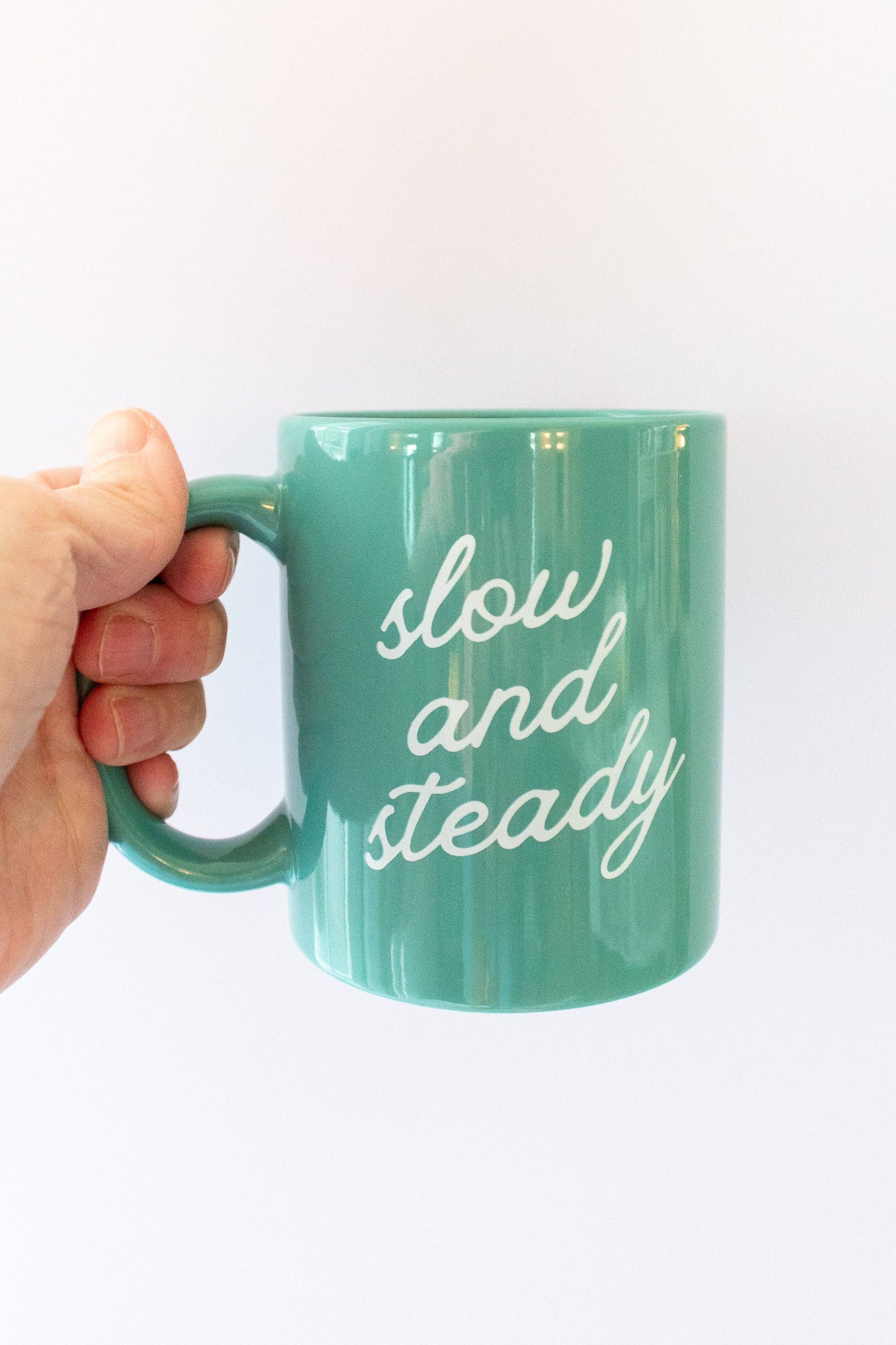 Green Ceramic Coffee Mug with Slow and Steady Phrase, 11oz